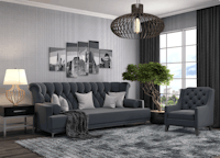 a living room with a grey couch